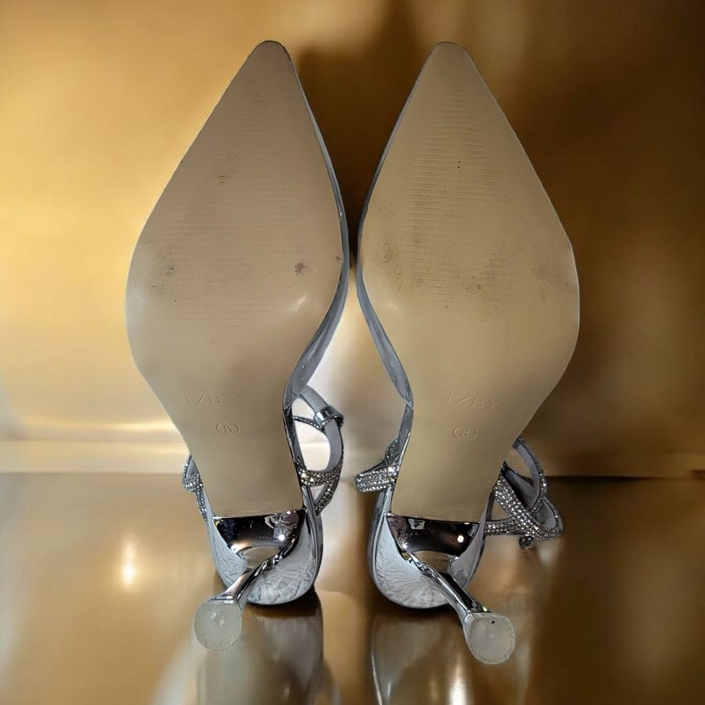 ZBY Woman's Silver Strappy Heels with Rhinestones Size 8 - Picture 2 of 8